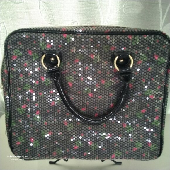 Betsey Johnson Black/Floral Sequined Double Handle Zip Computer Laptop Bag NWOT - Picture 5 of 5